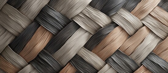 A handcrafted weave texture serves as the background for a vibrant braid showcasing a variety of different colors in this detailed composition. - obrazy, fototapety, plakaty