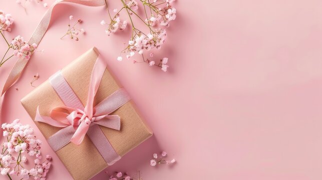 Greeting card concept of giving present idea at Valentine's, anniversary, mother's day and birthday surprise on pink background, copyspace, topview, flatlay