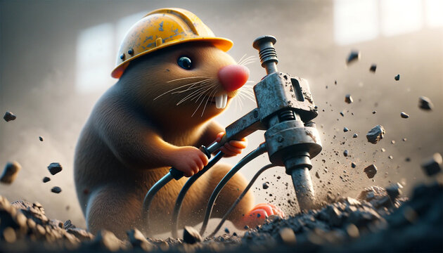 An image of a small mole in a construction helmet, clutching a jackhammer with its paws. A mole stands on a construction site, surrounded by dirt and small construction equipment.