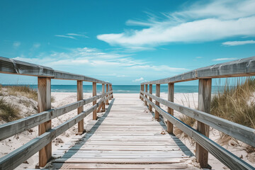 Fototapeta na wymiar Clear Skies and Calm Seas with Wooden Walkway Perfect for Travel Guides and Serene Landscape Illustrations