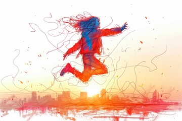 The continuous line drawing shows a woman jumping in happiness