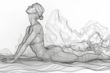 A continuous line drawing of a woman stretching in happiness