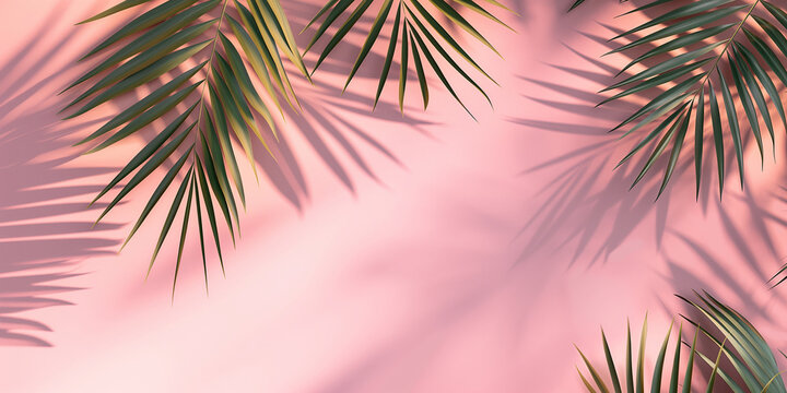 Blurred shadow from palm leaves on the light pink wall. Minimal abstract background for product presentation. Spring and summer