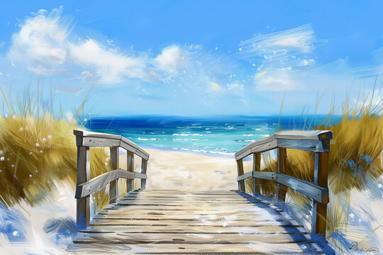 Digital painting of a sandy beach access through dunes under a bright blue sky, suitable for digital art platforms and posters.