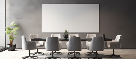 Inside the spacious conference room, there is a prominent table surrounded by a set of chairs, creating a professional setting for meetings and discussions