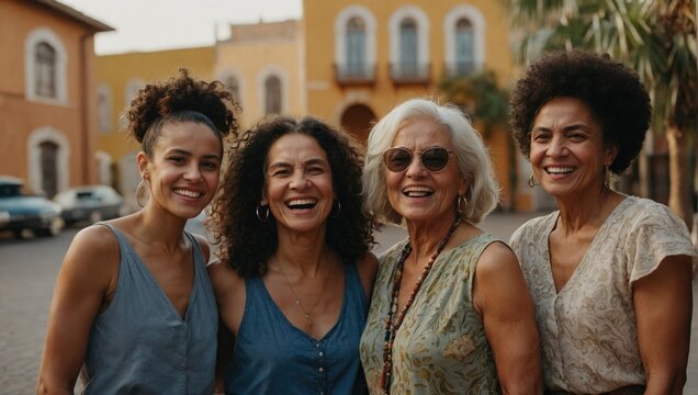 Fototapeta group of women laughing together while standing in the street