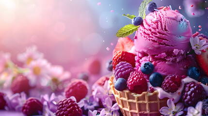 Artisan purple ice cream cone with boysenberries and edible flowers - obrazy, fototapety, plakaty