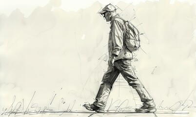 Single line drawing of a happy man walking