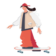 Young woman riding on skate board. Active lifestyle, extreme sport concept. The free lifestyle of a figure skater. Urban skateboard sports. Vector flat cartoon illustration on white background.