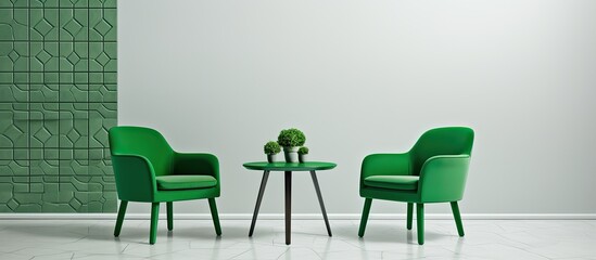The room is furnished with two green chairs and a small table. The chairs have armrests and the table is made of wood, creating a cozy and inviting atmosphere - obrazy, fototapety, plakaty