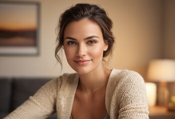 A relaxed woman at home sitting comfortably, her posture and environment suggesting leisure and contentment.