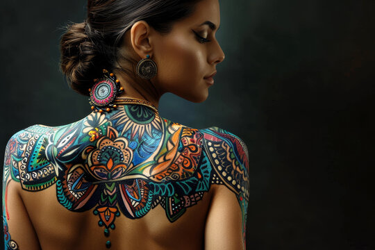A woman with colorful tattoos on her back and neck
