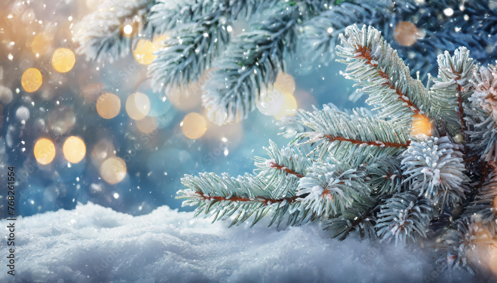 Aufkleber a pine tree covered in snow with lights shining on it, beautiful winter background image of frosted 