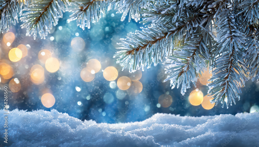 Poster A pine tree covered in snow with lights shining on it, beautiful winter background image of frosted spruce branches and small drifts of pure snow