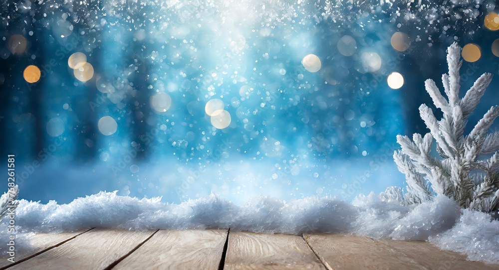 Poster a snowy scene with a blue sky and a wooden board. the board is covered in snow and has a few pine tr