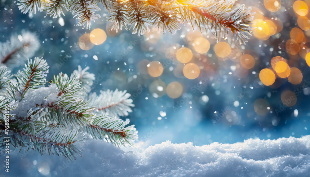Poster A pine tree covered in snow with lights shining on it, beautiful winter background image of frosted spruce branches and small drifts of pure snow