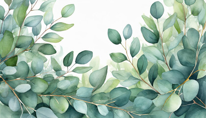 Herbal eucalyptus leaves frame,  painting of green leaves with a gold border. The leaves are painted in a way that they appear to be overlapping each other, creating sense depth and movement - obrazy, fototapety, plakaty