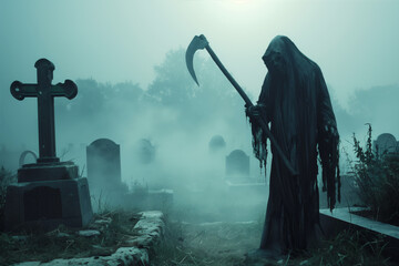 Grim Reaper in Foggy Cemetery