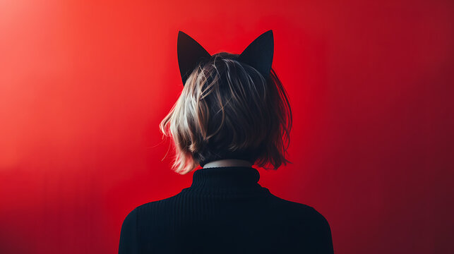 The image depicts a person wearing black cat ears against a vibrant red background.