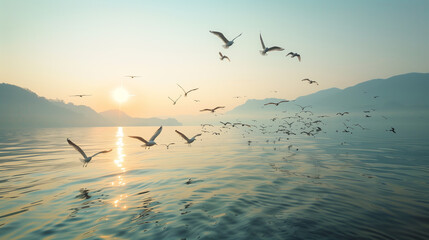 Seagulls flying over the sea at sunset, nature background