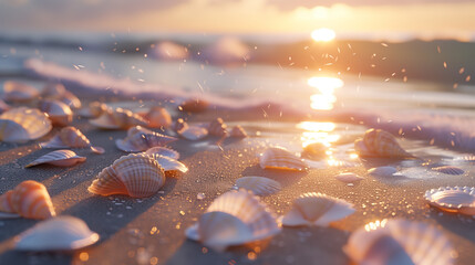 Sea shells on the beach at sunset. Seascape background. - obrazy, fototapety, plakaty