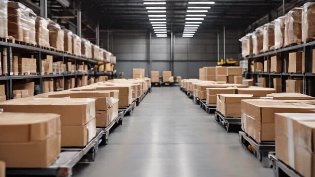 Modern Delivery Logistics Station Warehouse with Working Automated Conveyor Belt with Retail Parcels, Cardboard Boxes and Online Shopping Orders Being Prepared for Shipping created with generative ai	
