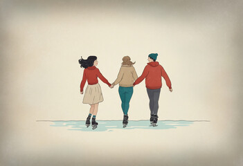 friends ice skating while holding hands vintage illustration  - obrazy, fototapety, plakaty