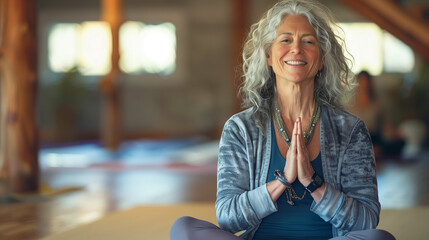 Portrait of smiling senior woman meditating in lotus pose at home