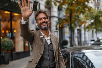 A jovial man is exiting a luxury car, raising his hand in greeting on a city street surrounded by autumnal foliage