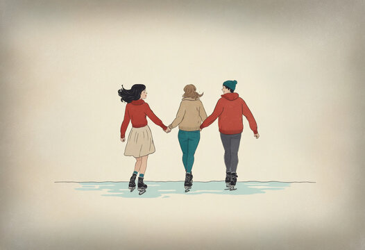 friends ice skating while holding hands vintage illustration 