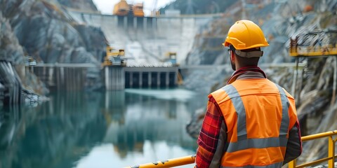 Routine inspection of a hydroelectric dam with an engineer in the background. Concept Hydroelectric Dam Inspection, Engineer on Site, Routine Maintenance, Structure Assessment - obrazy, fototapety, plakaty