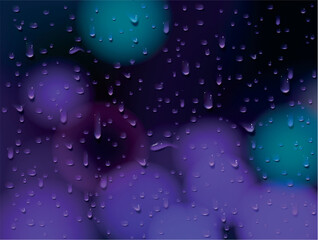 City ligths and window drops condensation water falls on glass background. Rain drops with light reflection on dark window surface, abstract wet texture, scattered pure aqua spots pattern.
