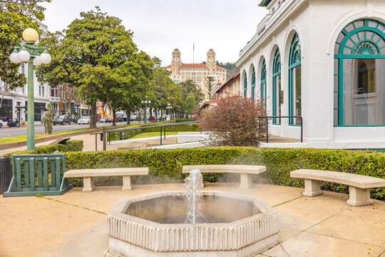 A steaming fountain of spring water on Bathhouse Row in Hot Springs, Arkansas.  