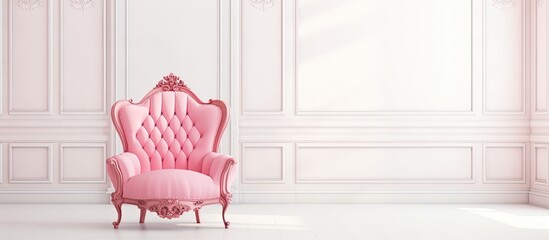 A pink chair made of wood is placed in the center of an empty room with white walls, hardwood flooring, and a large rectangular window, creating a cozy atmosphere