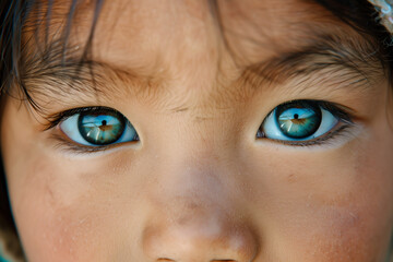 Close-up of a Mongol girl child with beautiful eyes - obrazy, fototapety, plakaty