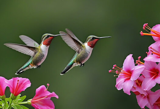 Hummingbirds in pairs and a pink flower. Hummingbirds with fiery throats soaring next to a gorgeous blooming flower in Savegre, Costa Rica. Natural action scene with fauna. 