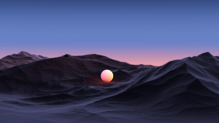 Fantastic landscape with glowing ball,circle on mountain in blur. Glowing ball on the surface of the mountain at dusk on the sky horizon,wallpaper.3D render
