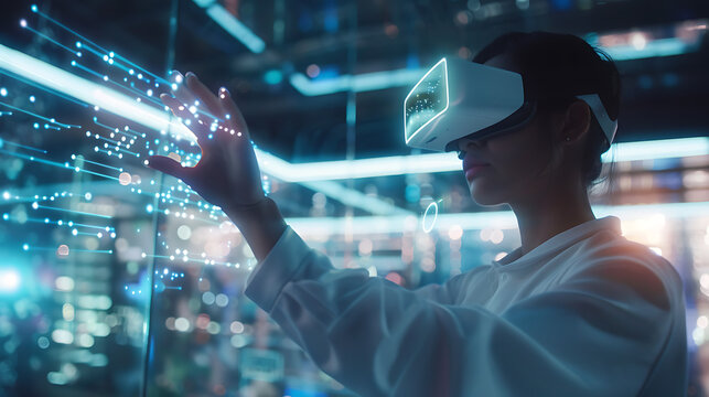 The image depicts a person wearing a virtual reality headset and interacting with a complex digital interface.
