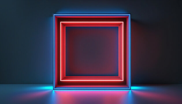 3d render, abstract neon background with red blue square frame glowing in the dark. Minimalist geometric wallpaper
