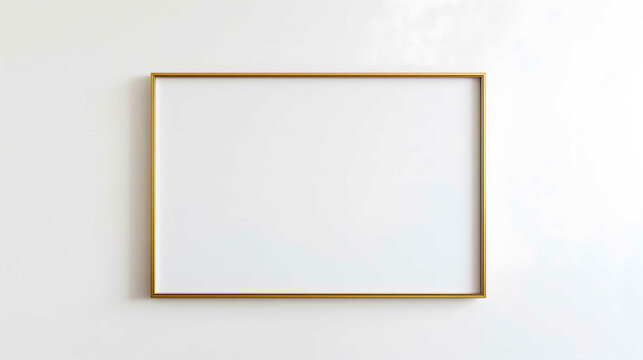 One light wood thin rectangular horizontal frame hanging on a white textured wall mockup, Flat lay, top view, 3D illustration