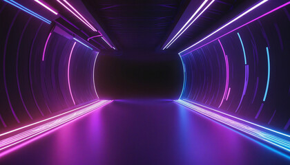 Obraz premium 3d render, abstract colorful neon background, tunnel turning to the right, ultra violet rays, glowing lines, cyber network data, speed of light, space and time, highway night lights