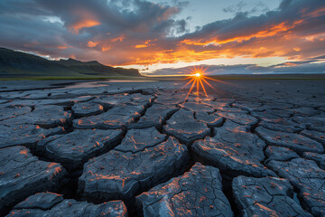 Sunset over cracked earth, ideal for environmental campaigns or nature documentaries - obrazy, fototapety, plakaty