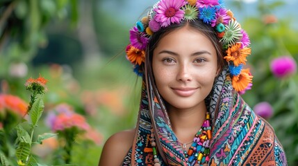 Beautiful girl in a traditional Mexican dress with bright patterns. Concept: Latin American culture in women's outfits