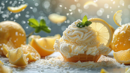 Lemon ice cream in a beautiful tall glass bowl with ingredients of slices of flying lemon slices and mint leaves
