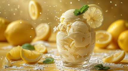 Lemon ice cream in a beautiful tall glass bowl with ingredients of slices of flying lemon slices and mint leaves - obrazy, fototapety, plakaty