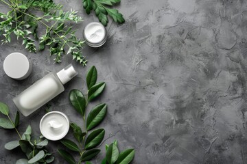 Obraz na płótnie Canvas Facial cream and other men's cosmetic with green leaves on grey stone table. Mockup for design 
