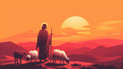  ilustração minimalista de Jesus com ovelhas