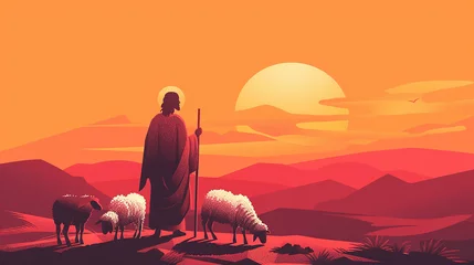 Papier Peint photo Lavable Orange  ilustração minimalista de Jesus com ovelhas