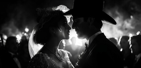 Wedding of a Mexican couple in love, black and white photo with high contrast. Concept: celebration photo shoot, emotions and relationships between lovers