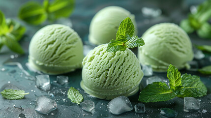 Green mint flavor ice cream with fresh leaves ingredients, dessert background - obrazy, fototapety, plakaty